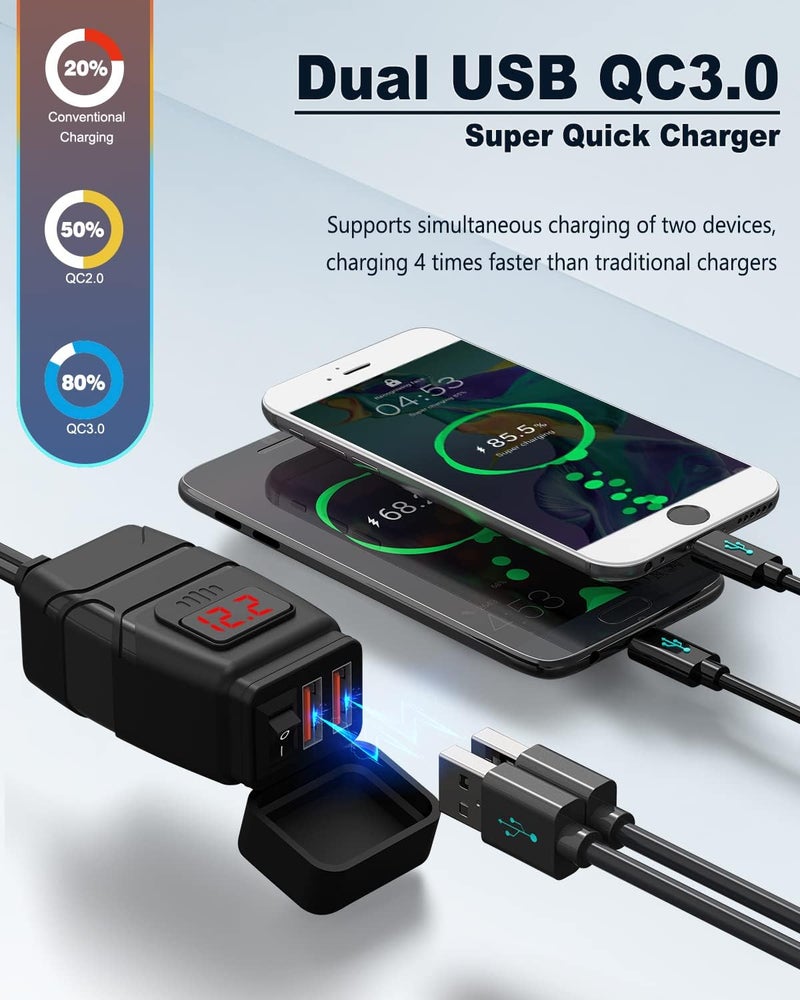 EXTRACTME Motorcycle USB Charger, 6.8A Quick Charge 3.0 Dual USB Motorcycle Phone Charger with Voltmeter & ON/Off Switch, Waterproof Quick Disconnect SAE to USB Adapter for Phone, Tablet, GPS - Image 2